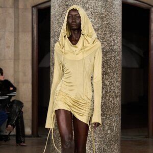 KNWLS CU Hooded Dress in Pale Olive cream Jersey long sleeve dress shirt